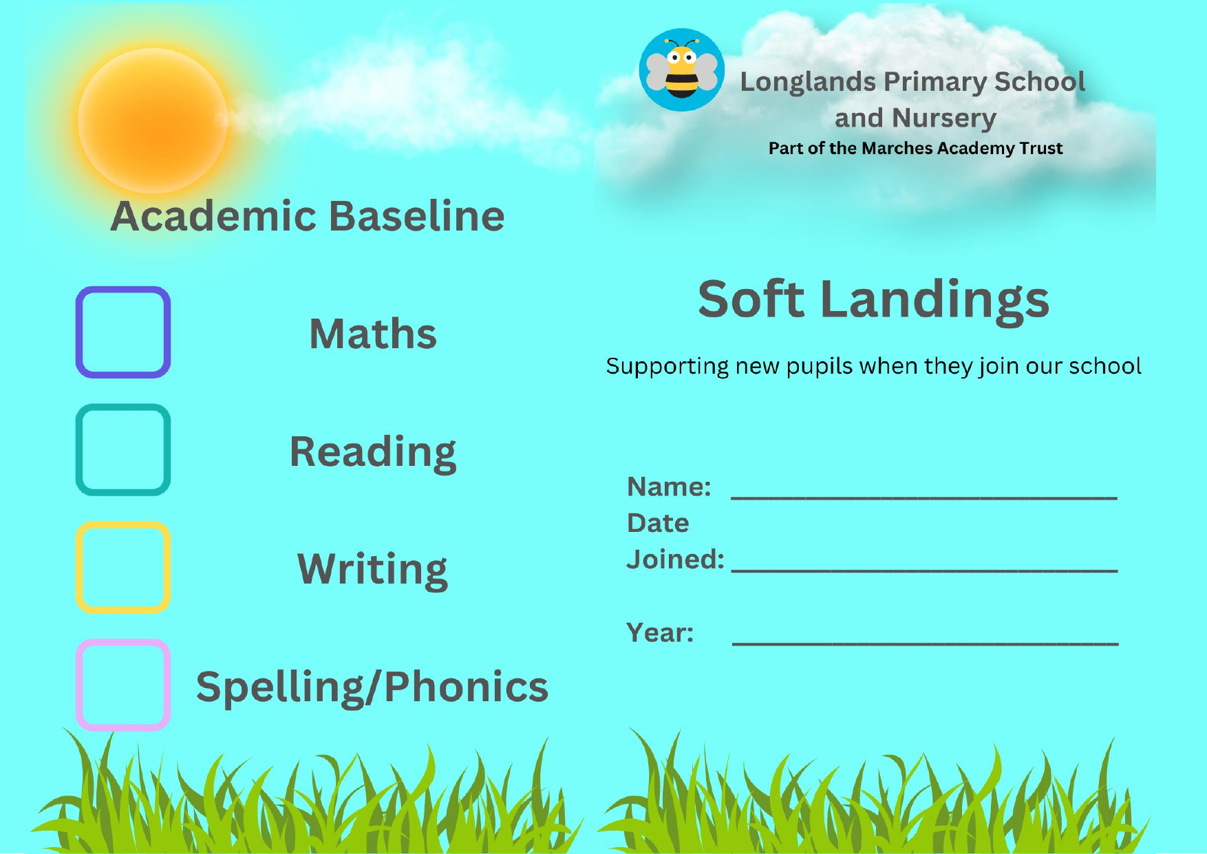 Front and academic baseline pages of the Longlands Soft Landings booklet.